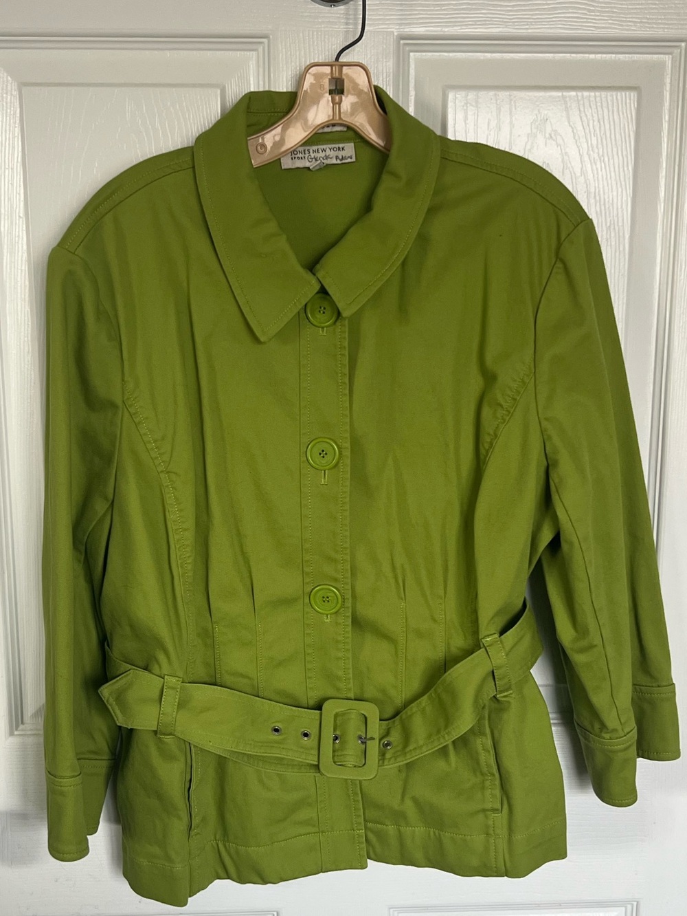 VTG Jones New York Lime Green Belted Trench Jacket Button Front 3/4 Sleeve